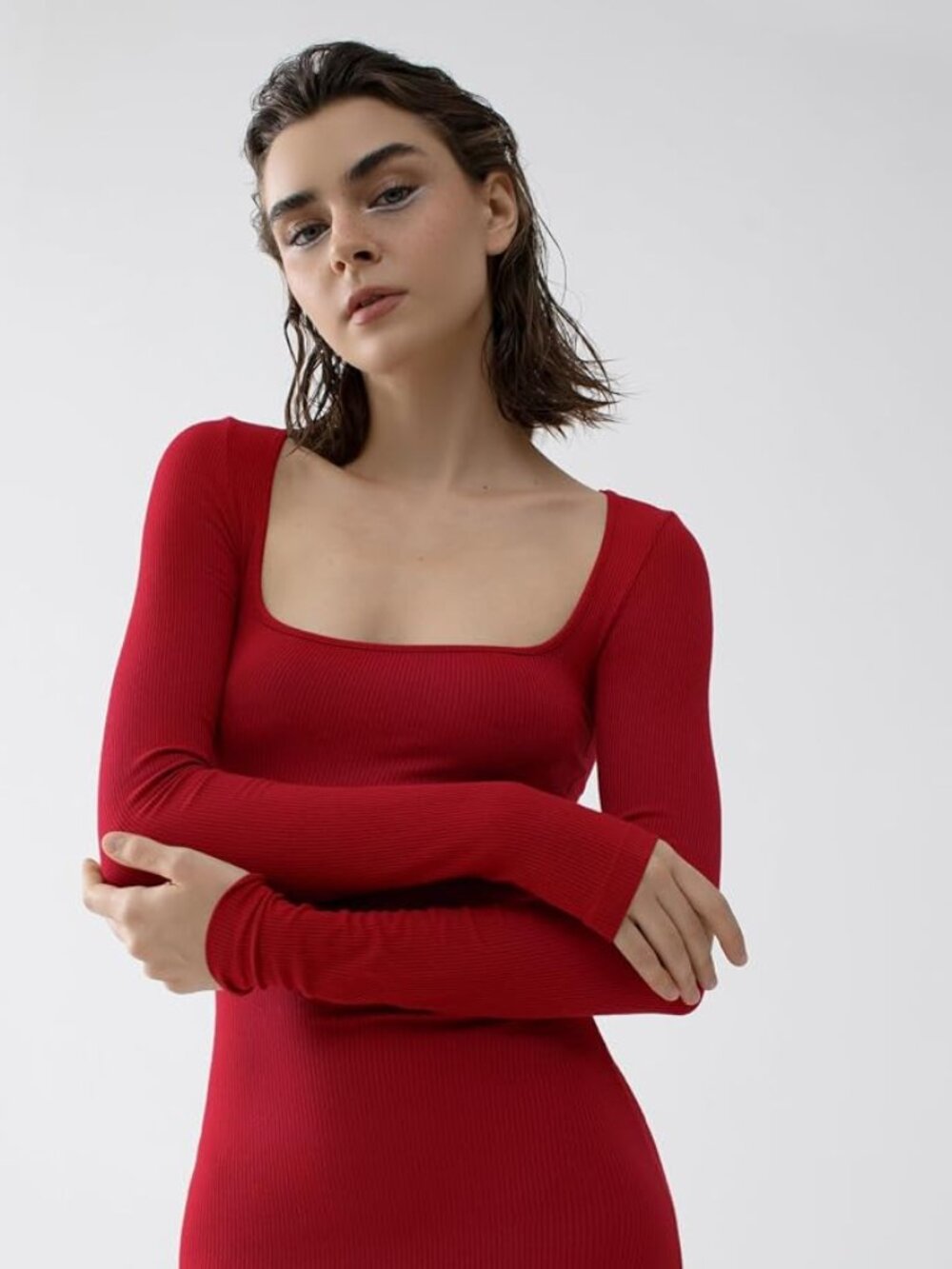 PUMIEY Red Ribbed Maxi Dress Square Neck Long Sleeve Bodycon